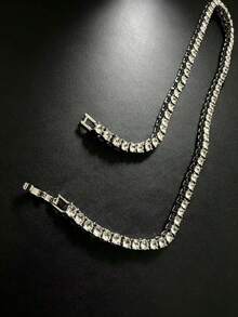 1pc Hip Hop Full Rhinestone Tennis Necklace, 5mm Single Row Square Link Street Style Jewelry, Silver Tone Unisex Necklace, Suitable For Men And Women Daily Wear, Party - Silver - View 5