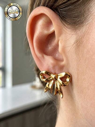 1 Pair Classic Glossy Bow Stud Earrings, Polished Smooth Metal Design, Elegant Daily Jewelry For Women, Suitable For Casual, Office, And Date Wear