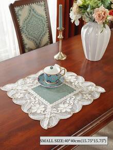 100% Polyester Vintage Luxury Rectangular Table Runner, Soft Base Fabric With Sheer Mesh, Full Floral And Leaf Embroidery, All-Around Hollow Lace Edge, Double Layer Tablecloth, Suitable For Bridal Breakfast Table, Country Cottage Kitchen Decor - Khaki - View 21