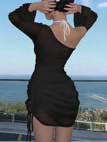 Women Solid Color Asymmetric Neck Long Sleeve Drawstring Dress, Suitable For Summer Black Spring Elegant - Black - View 5