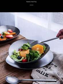 1pc Vintage Stainless Steel Asymmetrical Oval Plate, Fish Plate, Cold Dish Bowl, Salad Bowl, Curry Rice Plate, Restaurant Dish, Dessert Plate - Silver - View 3