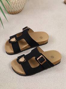 A Pair Of Stylish Kids' Open‑Toe Cork Slide Sandals, Slip‑On Daily Sandals For Children, Suitable For Daily Wear, Beach Trips And Outings - Black - View 4
