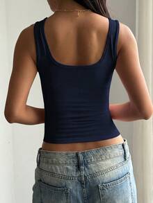 Vaiaye Women's Solid Color Square Neck Fitted Casual Camisole, Minimalist Retro Solid Color Vest, Summer Fashion Backless Knit Camisole, Casual Versatile, Suitable For Commuting - Navy - View 2