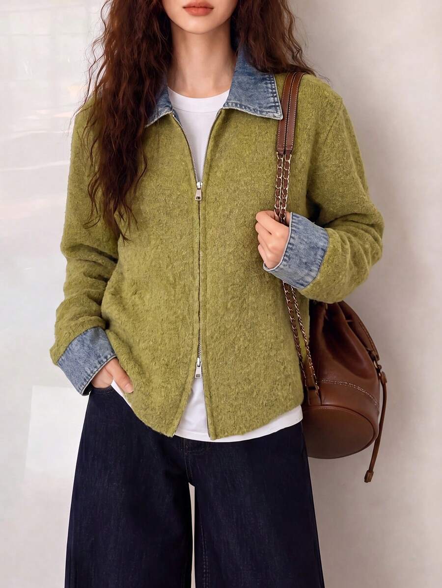 Women's Autumn/Winter Minimalist Casual Vintage Slouchy 2 In 1 Sweater Cardigan Fall - Avocado Green - View 1