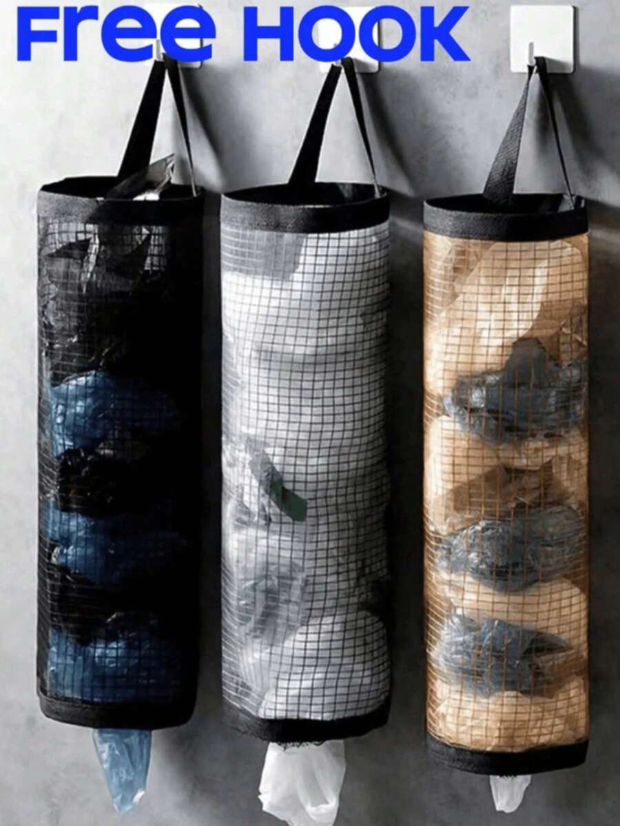 3/2/1pc Trash Bag Storage Hanging Bag, Wall-Mounted Drawstring Shoe Bag, Kitchen Plastic Bag Organizer, Woven Mesh Bag, Plastic Bag Storage Rack With Hanging Net, Suitable For School And Kitchen, College Student Storage And Organization (Random Color)