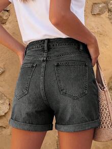 跨境美式街頭風夏季新款百搭寬鬆極簡休閒破洞素色水洗女款牛仔褲 - 深灰色 - 查看 5