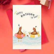 1pc Funny Birthday Card: A Chicken Wearing A Party Hat And Holding A Swim Ring, Featuring Cartoon Style Chicken Pool Party Pattern And Vibrant Colors. Card Comes With Envelope. Perfect For Friends, Family And Colleagues. - Multicolor - View 1