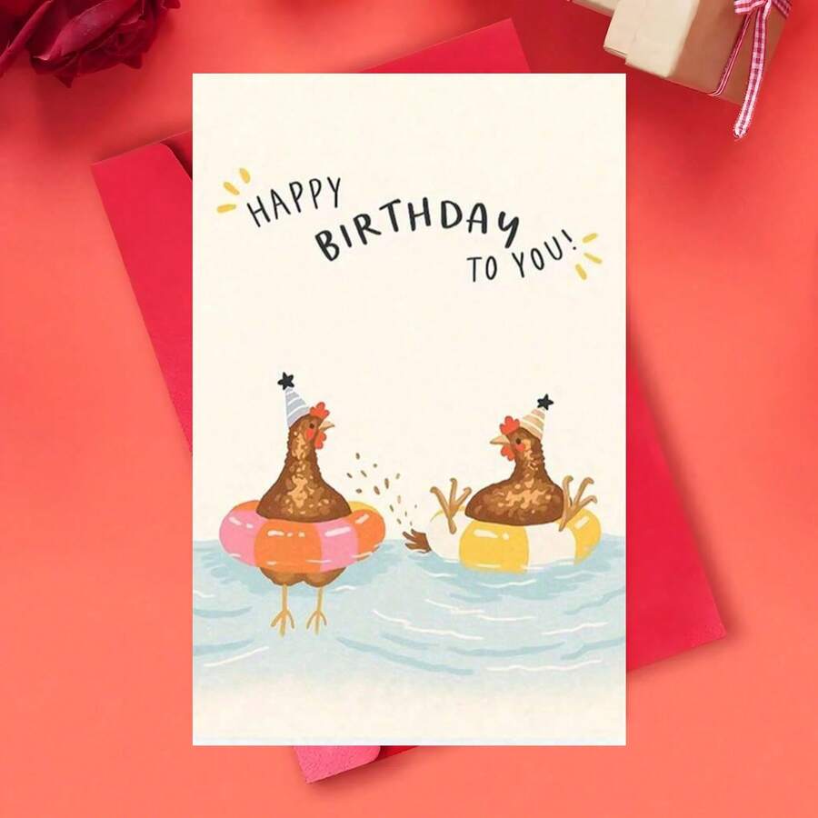 1pc Funny Birthday Card: A Chicken Wearing A Party Hat And Holding A Swim Ring, Featuring Cartoon Style Chicken Pool Party Pattern And Vibrant Colors. Card Comes With Envelope. Perfect For Friends, Family And Colleagues. - Multicolor - View 1
