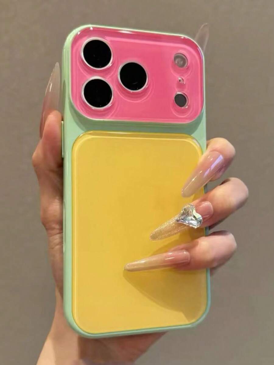 Ins Dopamine Candy Color Block Glossy Phone Case Compatible With Apple 17 Pro Max 16 Pro Max Instant Upgrade To 17 Large Window 15 Pro Lens Full Coverage 14 Unisex Niche Couple Style 16 New 18 Pro Max Protective Cover - Yellow-green - View 1