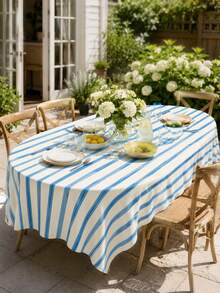 1pc Blue Stripe Table Cloth, Farmhouse Polyester Round Tablecloth With Vertical Line Pattern, Soft Washable Decorative Table Cover For Dining Table, Kitchen, Brunch, Picnic, Party, Wedding, Indoor Outdoor Home Decor - Multicolor - View 15