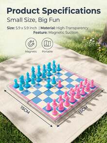 水晶透明磁吸折疊西洋棋組，15cm迷你棋盤，粉色與藍色便攜旅行桌上遊戲 - 彩色 - 查看 2