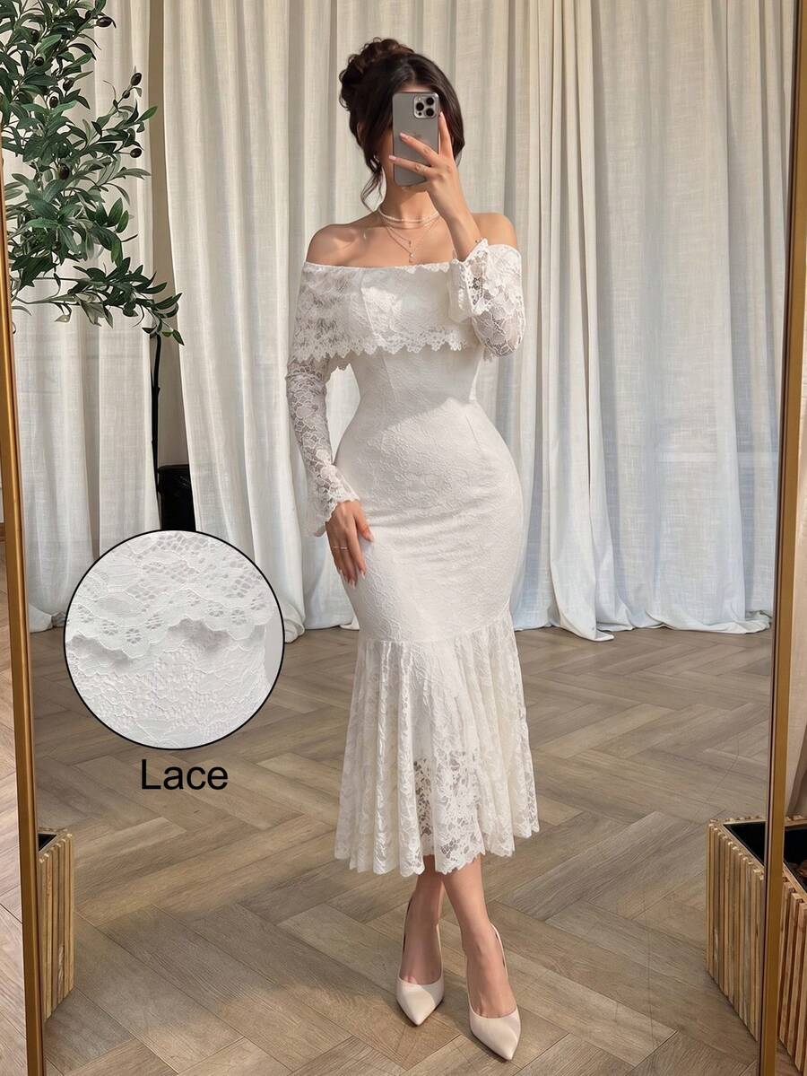 Women's Elegant Autumn/Winter White Lace Off-Shoulder Mermaid Dress, Vintage Long Sleeve Fitted French Style Party & Vacation Outfit - White - View 1