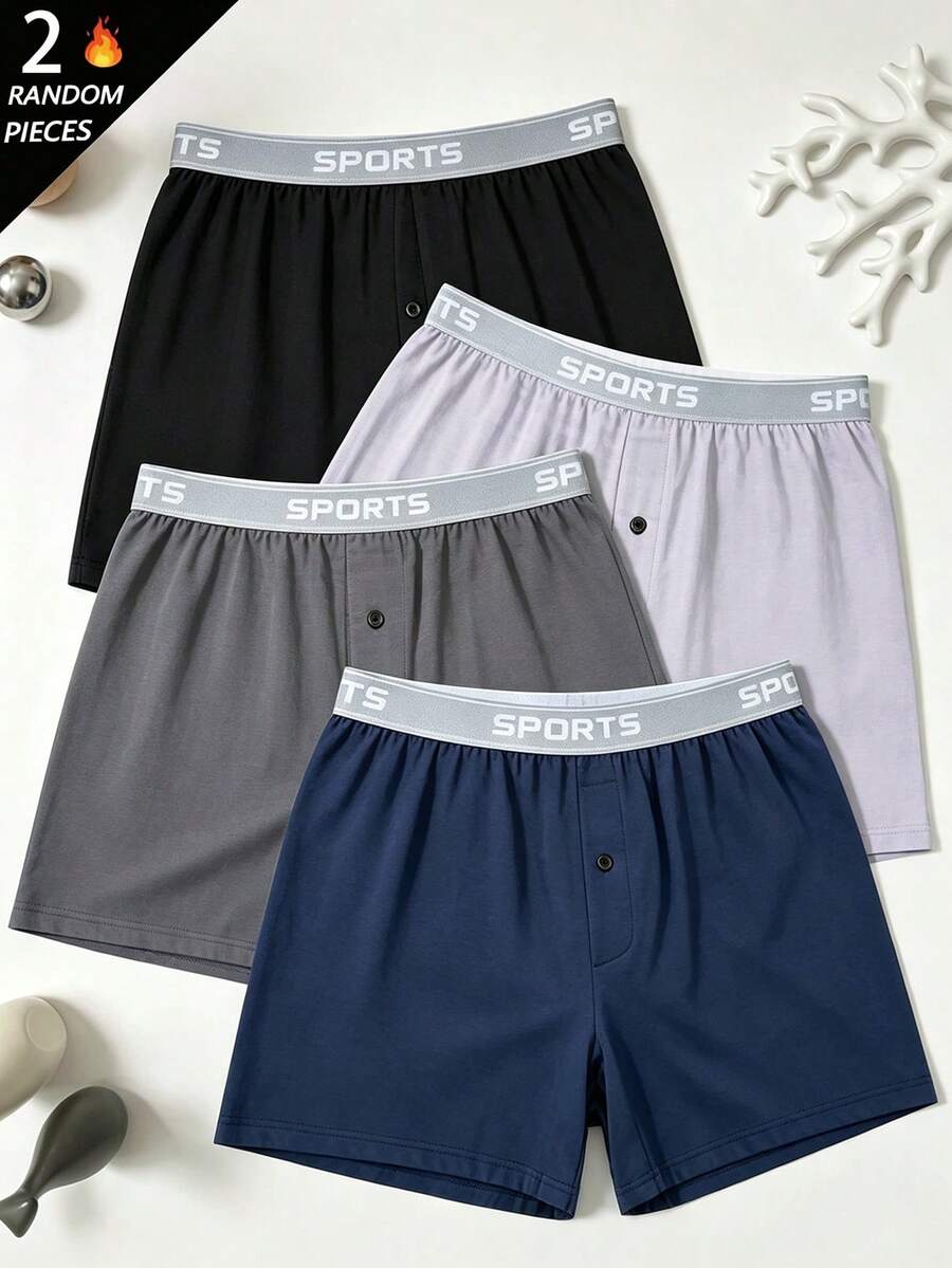 2pcs Random Men's Long Boxer Briefs, Polyester Fabric, Soft And Comfortable, Suitable For Casual Home Wear, Men's Gift