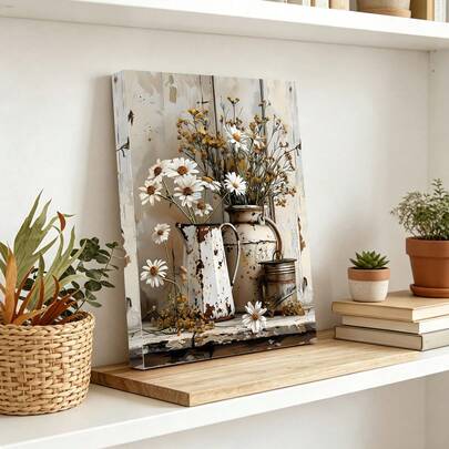 1pc Rustic Farmhouse Flower Oil Painting On Canvas, Perfect For Living Room, Bedroom, Kitchen Decoration - Vintage Fall And Summer Seasonal Artwork, Canvas Wall Art,Posters For Room,Home Decor,Room Decor Aesthetic,Room Decoration Stuff Optional Frame