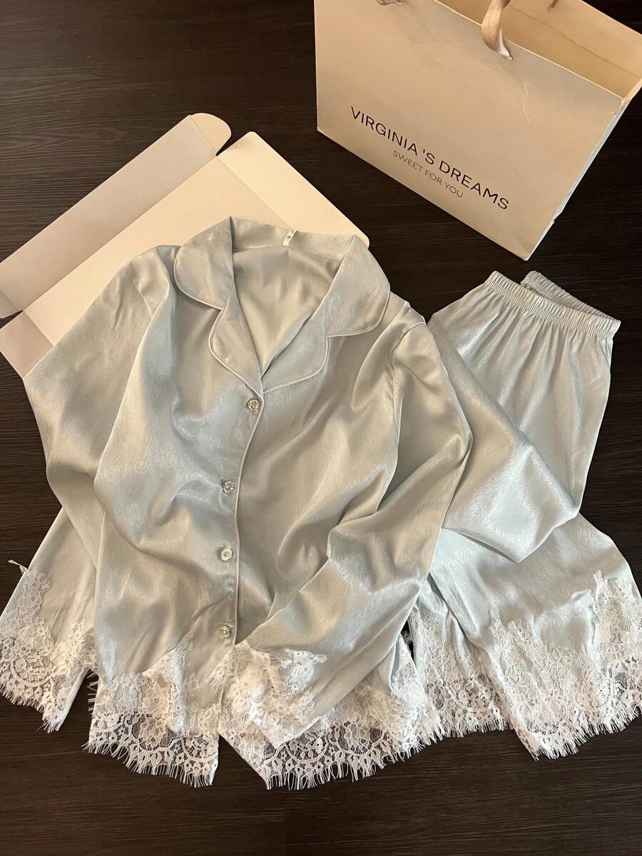 Light Luxury Sweet Solid Color Lace Trim Pajamas Women's New 2 Pieces Set Loungewear - Mint Green - View 1