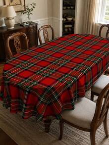 1pc Red Plaid Table Cloth, Classic Christmas Polyester Round Tablecloth With Tartan Checkered Pattern, Washable Decorative Table Cover For Dining Table, Kitchen, Holiday Party, Wedding, Home Decor And Indoor Outdoor Use - Multicolor - View 2