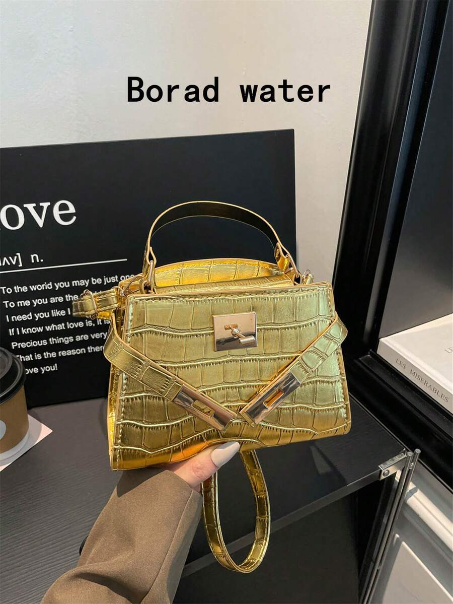 鱷魚壓紋翻蓋方包，時尚純色壓紋手提包，時尚金屬鎖飾裝飾，迷你單肩斜挎包，居家、購物、通勤女性包