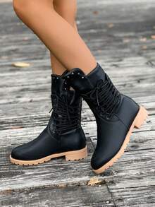 New Stylish Ankle Boots Solid Color Casual Lace-Up Women's Boots Fashion Versatile Slim Boots Vacation Style Casual Ankle Boots, Rivet Lace-Up Fashion Punk Style Ankle Boots, Suitable For All Weather And Any Occasion - Black - View 6