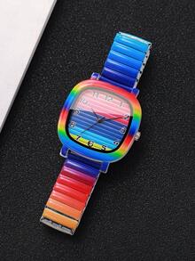 Women's Square Rainbow Gradient Quartz Watch, Elastic Expandable Band Rainbow Gradient Digital Dial Niche Design Wristwatch, Exquisite Gift For Girlfriend (1pc/Set) Watch Box Not Included - Multicolor - View 8