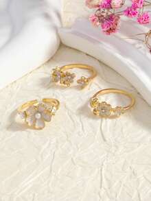 Bộ 3 nhẫn ngón trỏ nữ đính ngọc trai hoa và đá rhinestone, phong cách tối giản sang trọng cao cấp, thời trang đa dụng, set nhẫn cô dâu - Nhiều màu - Xem 4