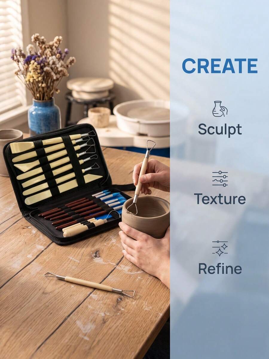 22pcs Clay Sculpture Tool Set, Includes Storage Bag, Stainless Steel With Wooden Handle, Suitable For Carving, Shaping, DIY - Multicolor - View 1