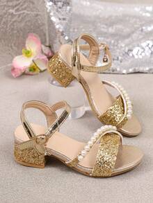 A Pair Of Children's Party Dress Sandals With Gold Sequins, Elegant High‑Heel Sandals With Pearl Straps, Suitable For Various Festive Occasions - Gold - View 1