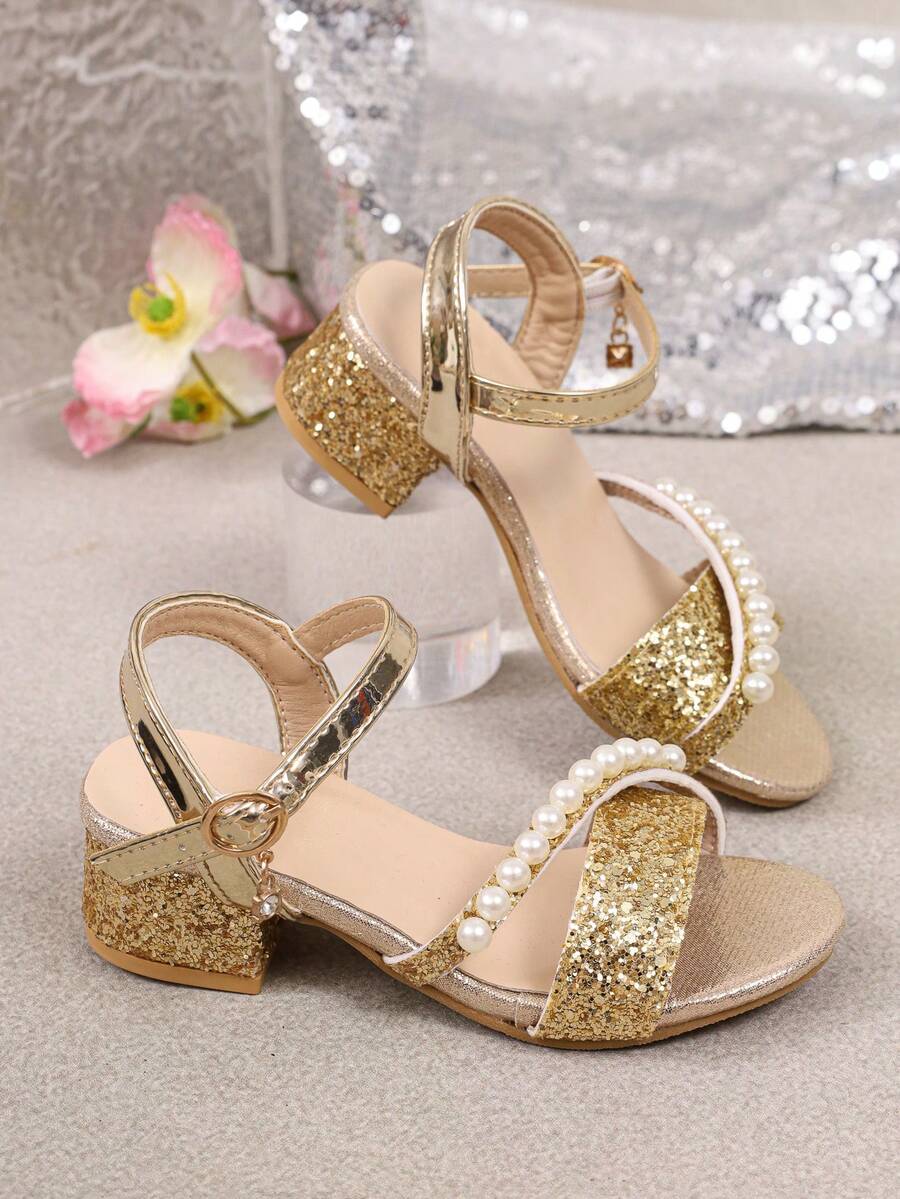 A Pair Of Children's Party Dress Sandals With Gold Sequins, Elegant High‑Heel Sandals With Pearl Straps, Suitable For Various Festive Occasions - Gold - View 1