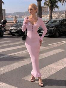 Women's Autumn/Winter Halloween & Christmas V-Neck Long Sleeve Midi Dress, Ribbed Knit Slim Fit Puff Sleeve Flared Hem, Back-To-School & Party Dress - Baby Pink - View 4
