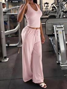 GLAMSKIN Women's Summer/Autumn Basic Solid Color Halter V-Neck 2 Pieces Set Top, Back To School And Pink Elegant - Pink - View 5