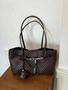 Sac fourre-tout de luxe à la mode, nouveau style vintage, couleur unie, tissé texturé gaufré, style européen et américain, grande capacité, sac à bandoulière de navette haut de gamme, livré avec un breloque de pomme, élégant et décontracté, pour les courses, le travail quotidien, le maquillage, l'ombrelle, résistant à l'usure, en tissu doux, pour les étudiantes, les cours, les courts voyages, polyvalent pour les déplacements quotidiens, sac fourre-tout pour femmes - Multicolore - Voir 15
