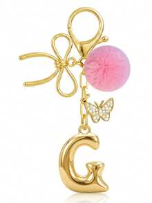 Cute Minimalist A-Z Initial Gold Keychain With Bowknot Pink Fur Ball Key Chain For Women's Bags, Daily Wear And Gift - Gold - View 8