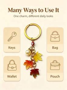 2pcs Vintage Gold Maple Leaf Keychain, Personalized Pearl Evil Eye Bag Charm Pendant. Suitable For Backpack Charm, Daily Bag Decoration, Holiday Party Gift, Back To School Gift, Women's Keychain, Car Keychain, Keychain Making Material, Backpack Charm Keychain, Keychain Pendant, Keychain Coin Purse, Bulk Keychain, Keychain Set, Keychain Accessories - Multicolor - View 7