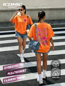 Howell All-Match Women's Black Short Sleeve T-Shirt, Hand-Painted Daisy Floral Print, Casual And Fresh Summer - Orange - View 1