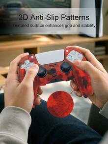 Compatible With PlayStation 5, Water Transfer Printing Design Controller Protective Case, Joystick Caps, Storage Bag Set Available, Anti-Slip Anti-Scratch Anti-Sweat Enhanced Gaming Control Feel, Large Opening Design At The Bottom - Water Transfer Red - View 8