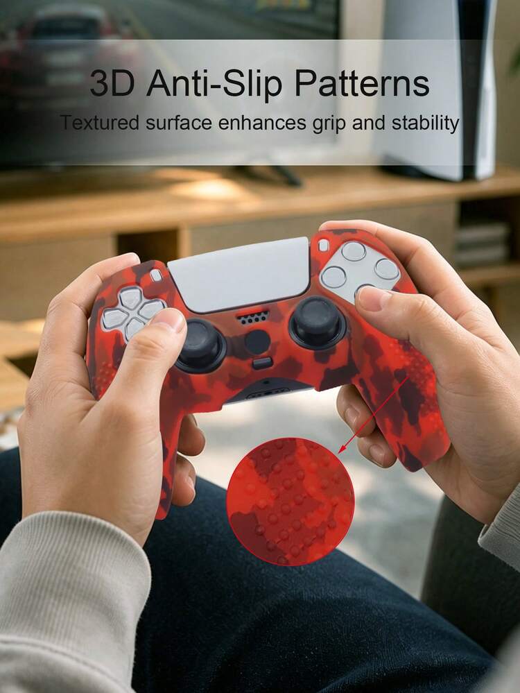 Compatible With PlayStation 5, Water Transfer Printing Design Controller Protective Case, Joystick Caps, Storage Bag Set Available, Anti-Slip Anti-Scratch Anti-Sweat Enhanced Gaming Control Feel, Large Opening Design At The Bottom - Water Transfer Red - View 8