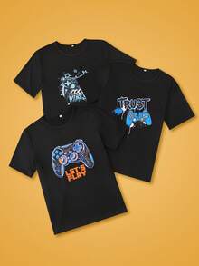 Notgurli 3pcs Atasan Pakaian Santai Lengan Pendek Kartun Lucu dan Unik dengan Motif Konsol/Pengontrol Game - Hitam - View 1