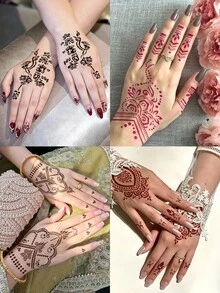 6PCS (2pcs Henna Paste + 2 Pairs Hand Stencils) Combo Set Henna Nail Art Tattoo Cream With Storage Box Semi-Permanent Plant-Based Tattoo Ink For Hands And Body - Multicolor - View 2