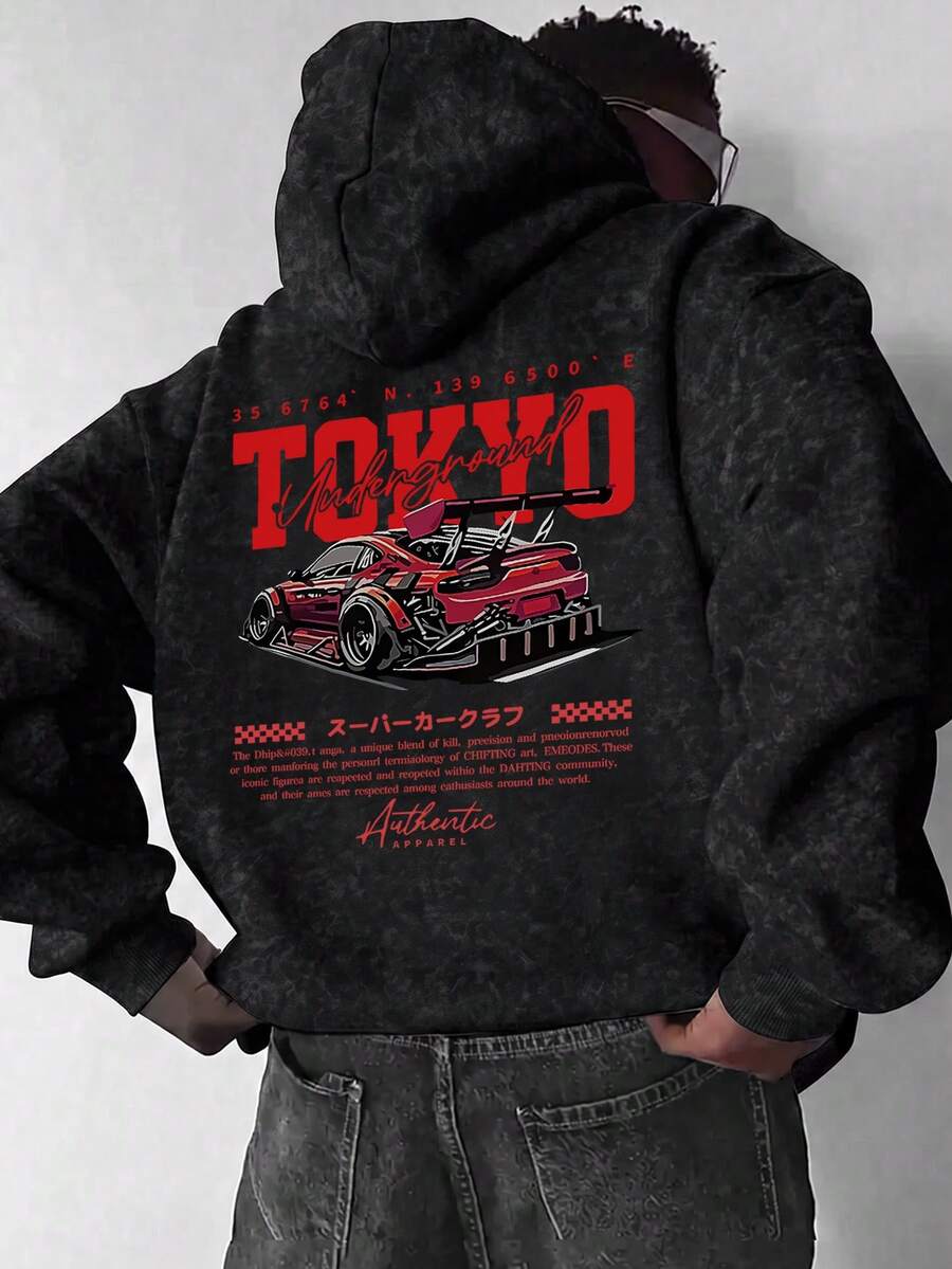 Snowflake Heavyweight Motorcycle Sweatshirt Supercar Red Graphic Print Vintage Racing Style Hooded Sweatshirt - Black - View 1
