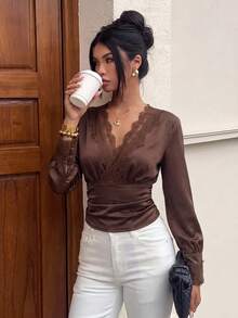 Sexy Women Deep V Neck Satin Lace Trim Blouse, Long Puff Sleeve Waist Cinched Slim Fit Top, Autumn/Winter New Style, Suitable For Daily Commute And Date Wear - Brown - View 1