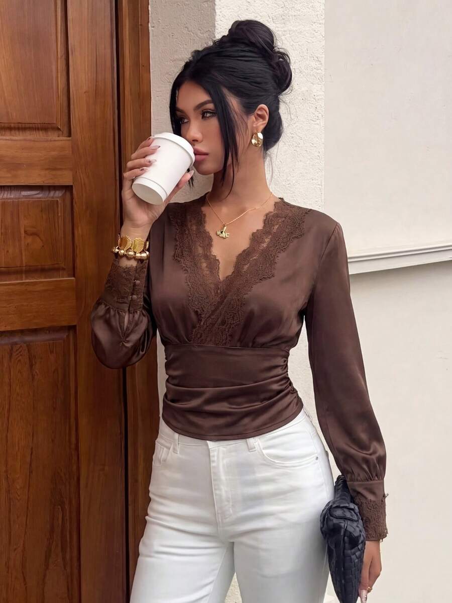 Sexy Women Deep V Neck Satin Lace Trim Blouse, Long Puff Sleeve Waist Cinched Slim Fit Top, Autumn/Winter New Style, Suitable For Daily Commute And Date Wear - Brown - View 1