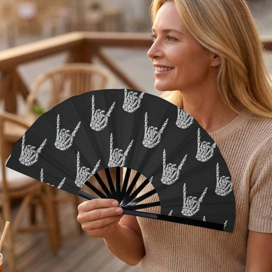 Dark Style Rock Skull Gesture Folding Fan, Available In Long And Short Sizes, Personalized Street Style Outfit Party Photo Prop - Multicolor - View 1