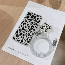 6件組黑色豹紋皮革紋理手機殼 + 充電頭保護套 + 線材保護套 + 收納繩 + 數據線保護纏繩 TPU 防摔保護殼，適用於 iPhone 6 7 8 XXs XR XS Max 11 12 13 14 15 16 17 Pro Max，適合作為生日和聖誕禮物送給情侶、女性、女兒、男朋友、女朋友和青少年女孩 - 彩色 - 查看 1