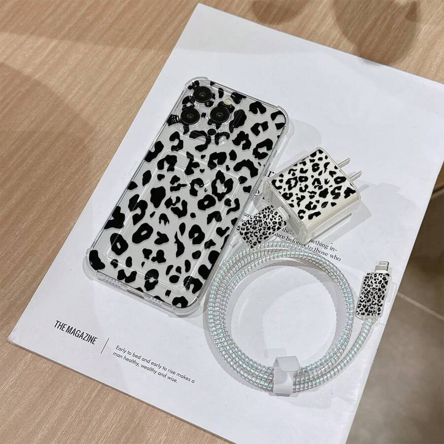 6件組黑色豹紋皮革紋理手機殼 + 充電頭保護套 + 線材保護套 + 收納繩 + 數據線保護纏繩 TPU 防摔保護殼,適用於 iPhone 6 7 8 XXs XR XS Max 11 12 13 14 15 16 17 Pro Max,適合作為生日和聖誕禮物送給情侶、女性、女兒、男朋友、女朋友和青少年女孩 - 彩色 - 查看 1
