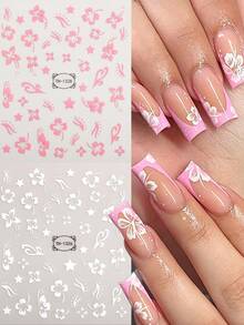 2 Sheets 3D Hibiscus Nail Stickers Summer Decoration Pink White Flower Nail Decals Tropical Leaf Sliders Nail Foils DIY - Multicolor - View 8