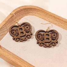 Women's Personalized Initial Wooden Earrings, Hollow Heart Daisy Flower Pattern 26 Letter Dangle Earrings - Brown - View 3