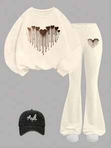 Young Girl Cartoon Heart Print Crew Neck Long Sleeve Top And Flare Pants - Apricot - View 2
