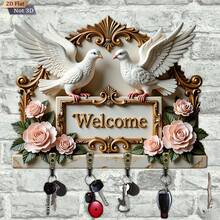 Vintage White Dove Rose Key Holder Wall Mount Wooden Key Hanger With 4 Metal Hooks European Style Decorative Key Rack For Entryway Door Room Home Wall Decor Housewarming Gift - View 4