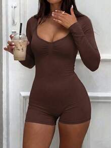 NOIRLYN Women's Autumn Y2K Sexy V-Neck Ruched Front Long Sleeve Fitted Romper Set, Suitable For Sports, Fitness And Casual Wear - Brown - View 10