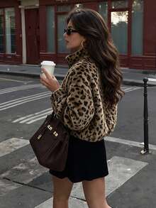 Women's Leopard Print Flannel Long Sleeve Top, Regular Fit, Medium Stretch, Pullover, Autumn Outfit - Brown - View 2