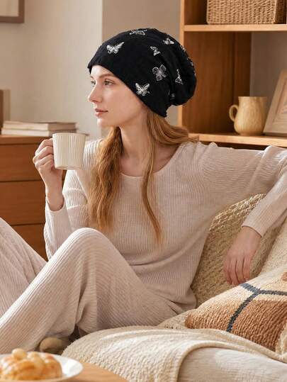 1pc Butterfly Print Beanie Hat, Loose Fit Pullover Cap, Elastic Casual Headscarf Hat